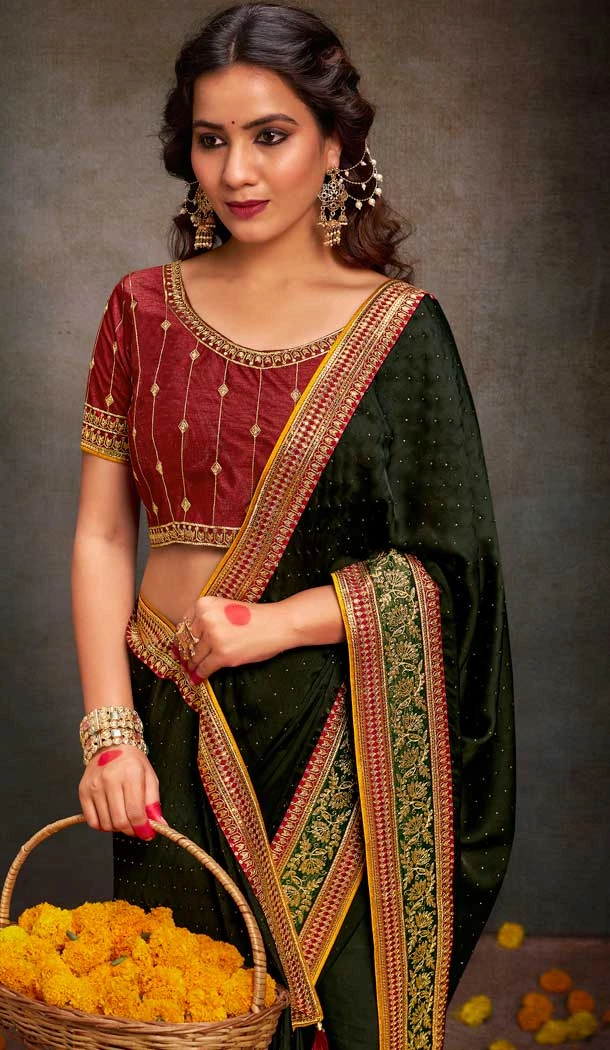 Dark Mehendi Green Satin Sequins Work Traditional Wear Saree - 9371186916