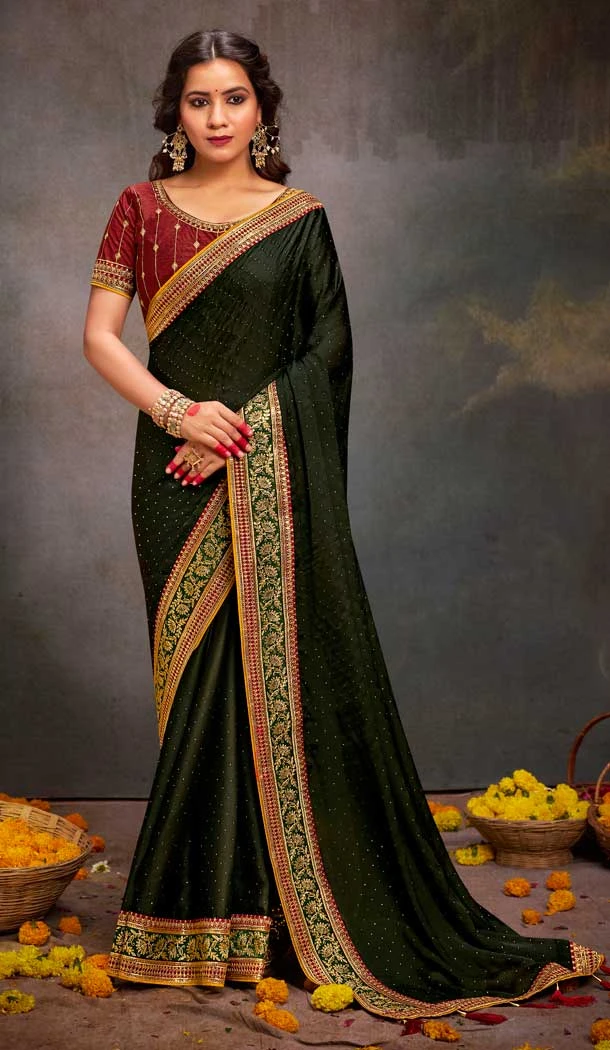 Dark Mehendi Green Satin Sequins Work Traditional Wear Saree - 9371186916
