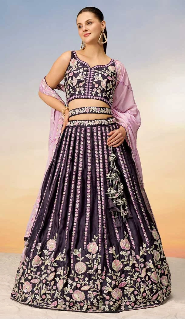 Purple Satin Embroidery Work Designer Wear Lehenga Choli - 141917225