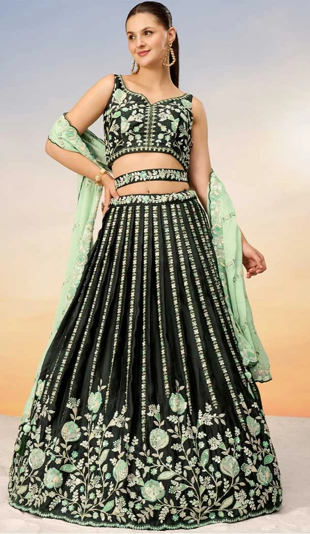 Green Satin Embroidery Work Designer Wear Lehenga Choli - 141917226