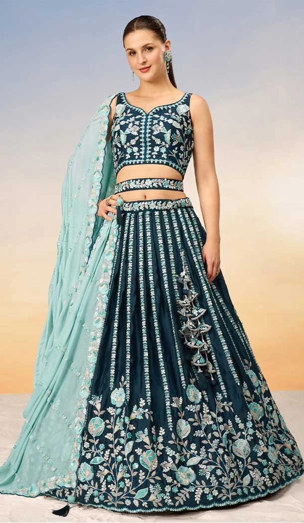 Teal Blue Satin Embroidery Work Designer Wear Lehenga Choli - 141917227
