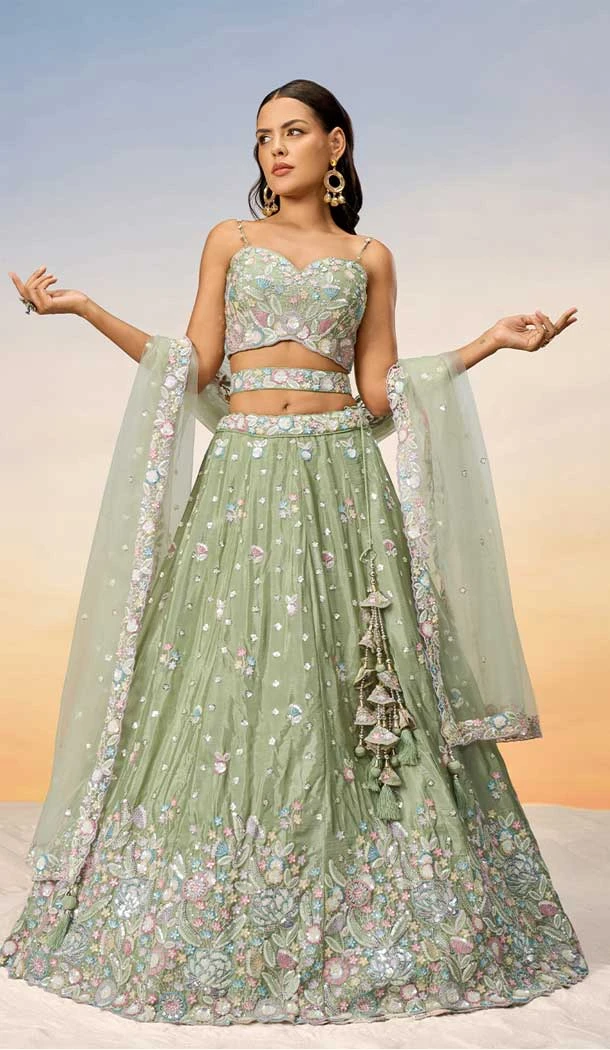 Pista Green Chiffon Embroidery Work Designer Wear Lehenga Choli - 141917232