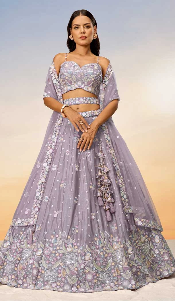 Mauve Chiffon Embroidery Work Designer Wear Lehenga Choli - 141917233