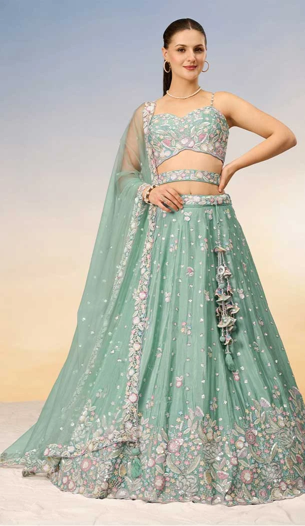 Sea Green Chiffon Embroidery Work Designer Wear Lehenga Choli - 141917235