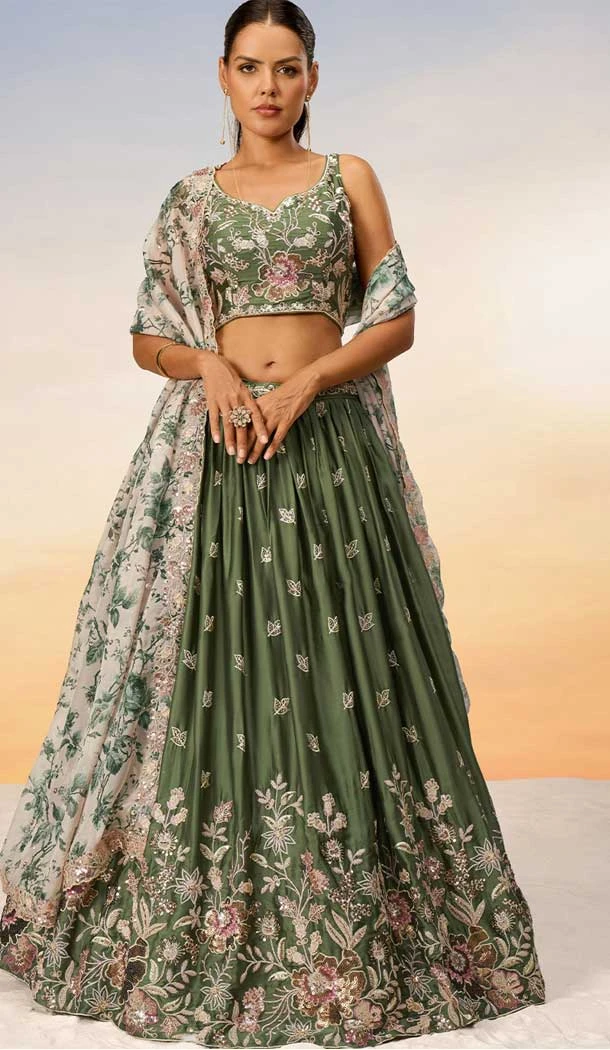 Chiffon Embroidery Work Designer Wear Lehenga Choli In Olive Green - 142027319