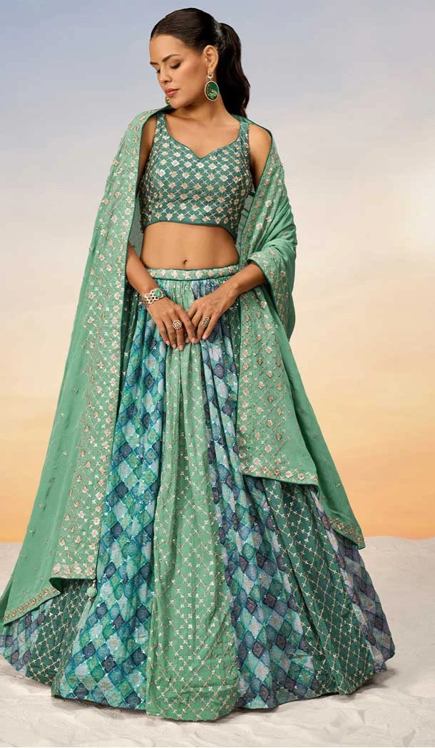Chiffon Embroidery Work Designer Wear Lehenga Choli In Lime Green - 142027321