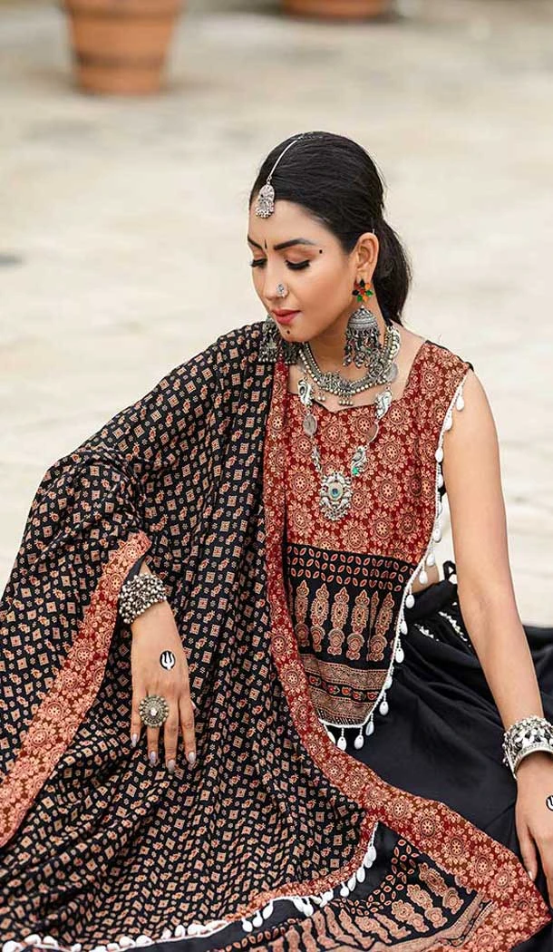 Black Cotton Gotta Kadi Work Festival Navratri Chaniya Choli -145779593