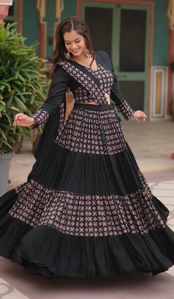 Rayon Printed Designer Wear Navratri Chaniya Choli In Black - 145909669