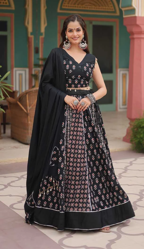 Black Rayon Printed Designer Wear Navratri Chaniya Choli - 145909670