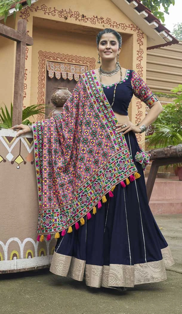 Navy Blue Viscose Rayon Embroidered Navratri Chaniya Choli - 146229861