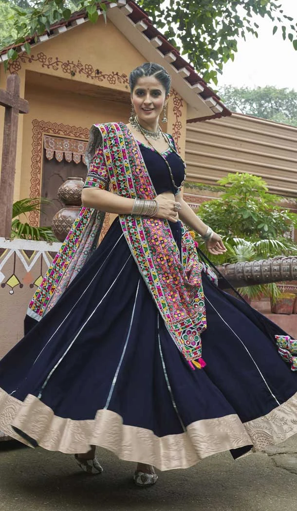 Navy Blue Viscose Rayon Embroidered Navratri Chaniya Choli - 146229861