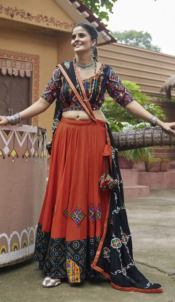 Orange Viscose Rayon Embroidered Navratri Chaniya Choli - 146229863