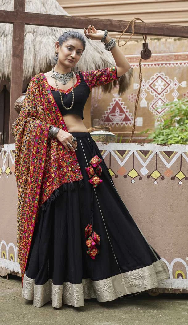 Black Viscose Rayon Embroidered Navratri Chaniya Choli - 146229864