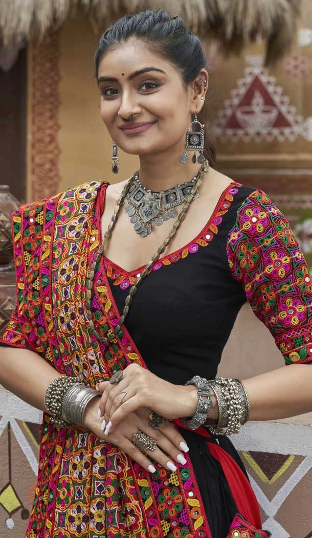 Black Viscose Rayon Embroidered Navratri Chaniya Choli - 146229864