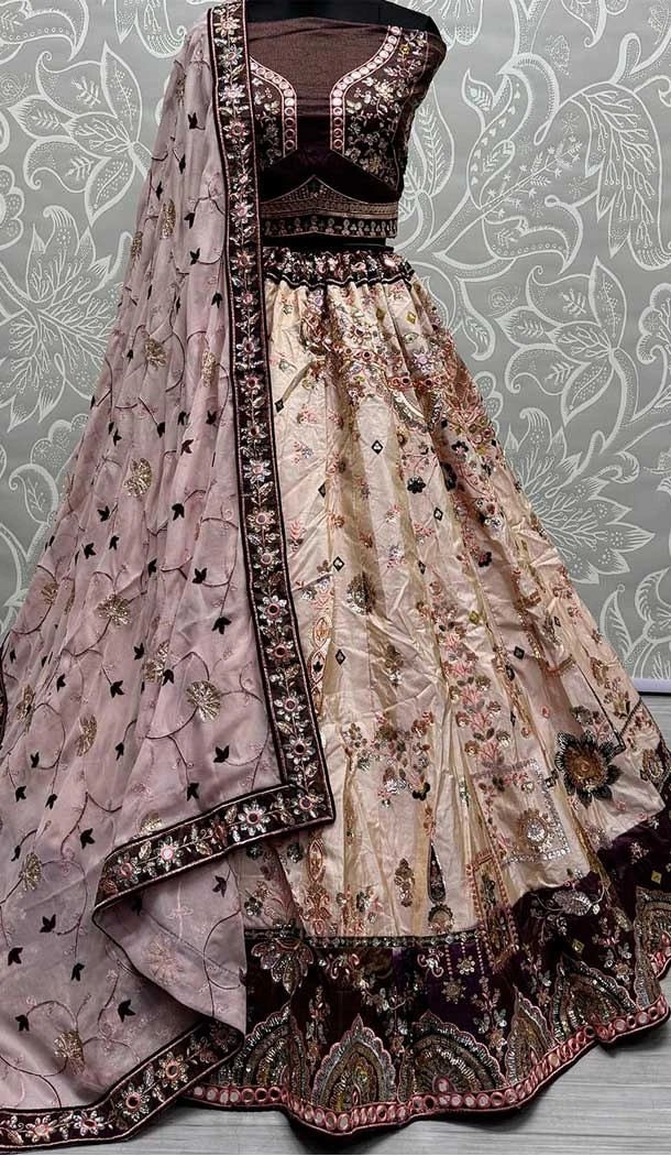 Viscose Mirror Embroidery Work Designer Wear Lehenga Choli In Cream - 141306867