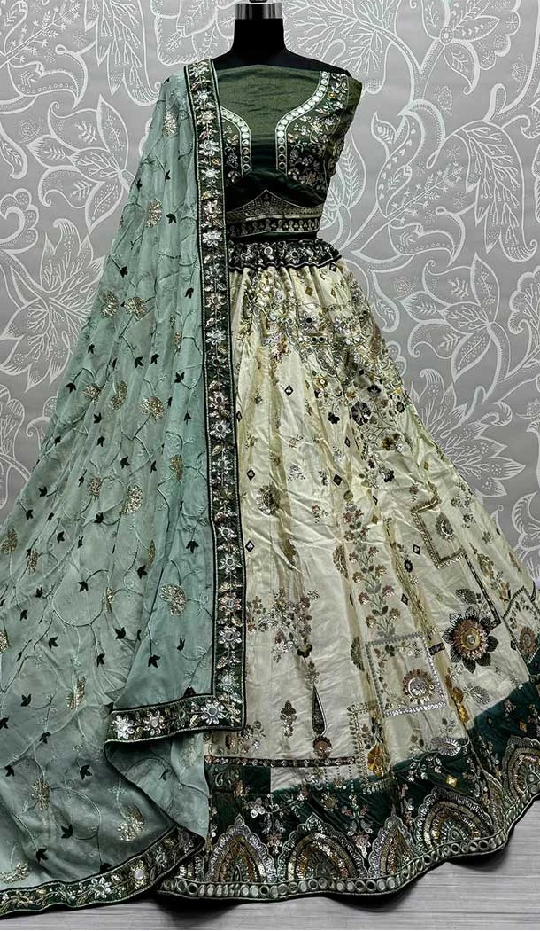 Cream Viscose Mirror Embroidery Work Designer Wear Lehenga Choli - 141306868