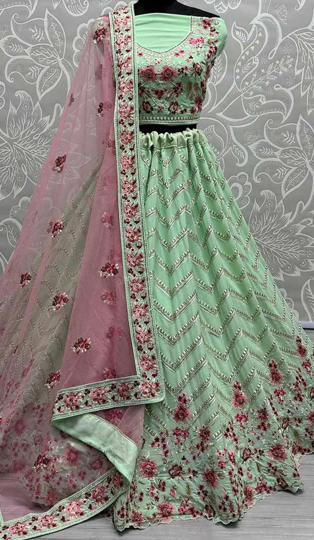 Georgette Jari Embroidery Work Designer Wear Lehenga Choli In Pista - 141306871