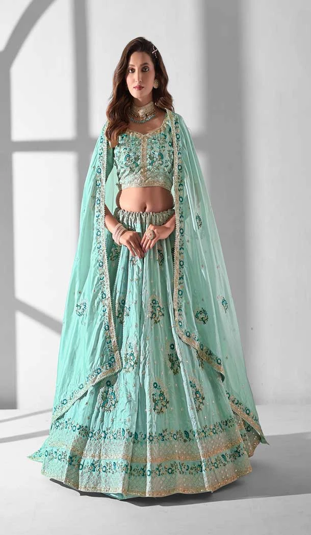 Sky Blue Organza Embroidery Work Designer Lehenga Choli - 142677686
