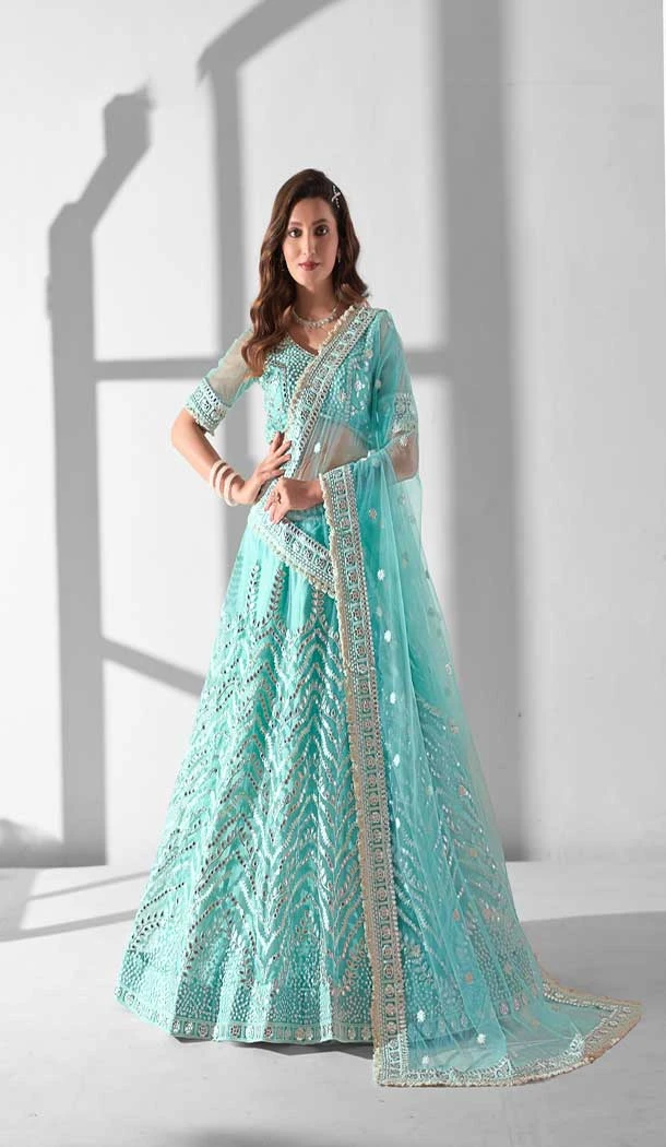 Sky Blue Net Embroidery Work Designer Lehenga Choli - 142677689