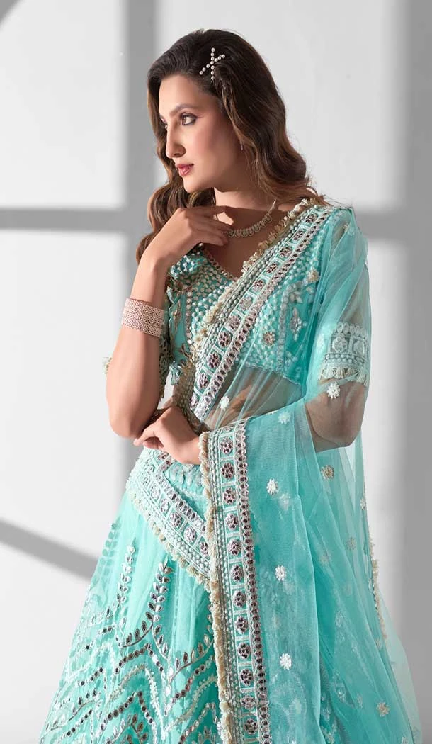 Sky Blue Net Embroidery Work Designer Lehenga Choli - 142677689