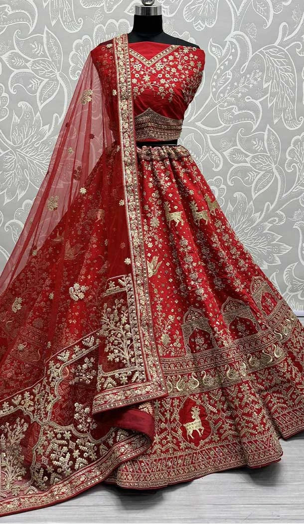 Silk Diamond Work Bridal Wedding Lehenga Choli In Red - 142787755