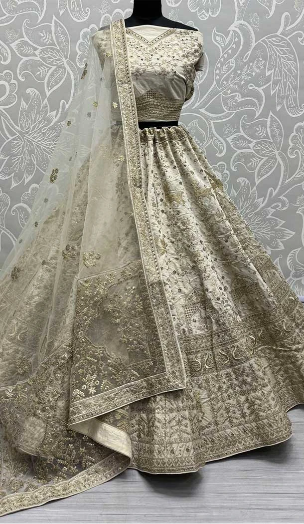Silk Embroidery Work Bridal Wedding Lehenga Choli In Beige - 142787756