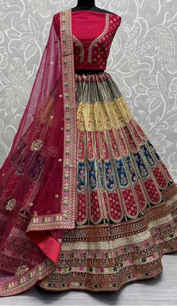 Multi Color Silk Embroidery Work Bridal Wedding Lehenga Choli - 142787757