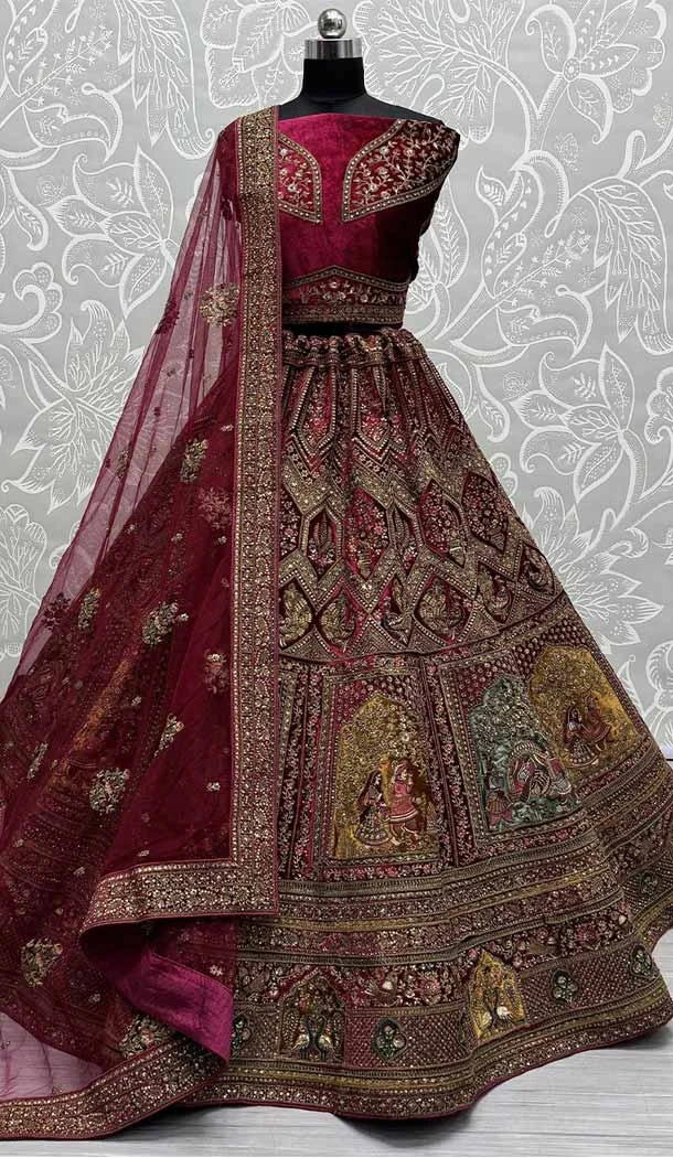 Pink Velvet Embroidery Work Designer Wedding Wear Lehenga Choli - 142797759