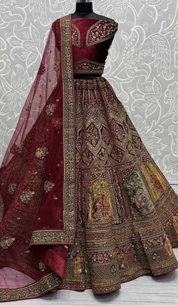 Maroon Velvet Embroidery Work Designer Wedding Wear Lehenga Choli - 142797760