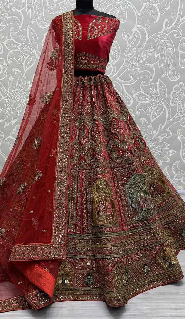 Red Velvet Embroidery Work Designer Wedding Wear Lehenga Choli - 142797761
