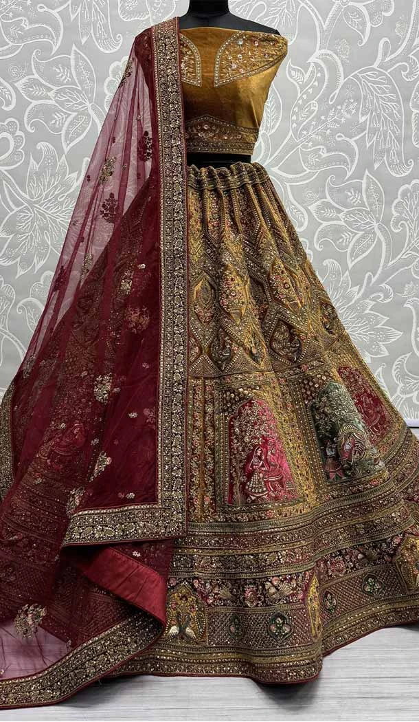 Gold Velvet Embroidery Work Designer Wedding Wear Lehenga Choli - 142797762