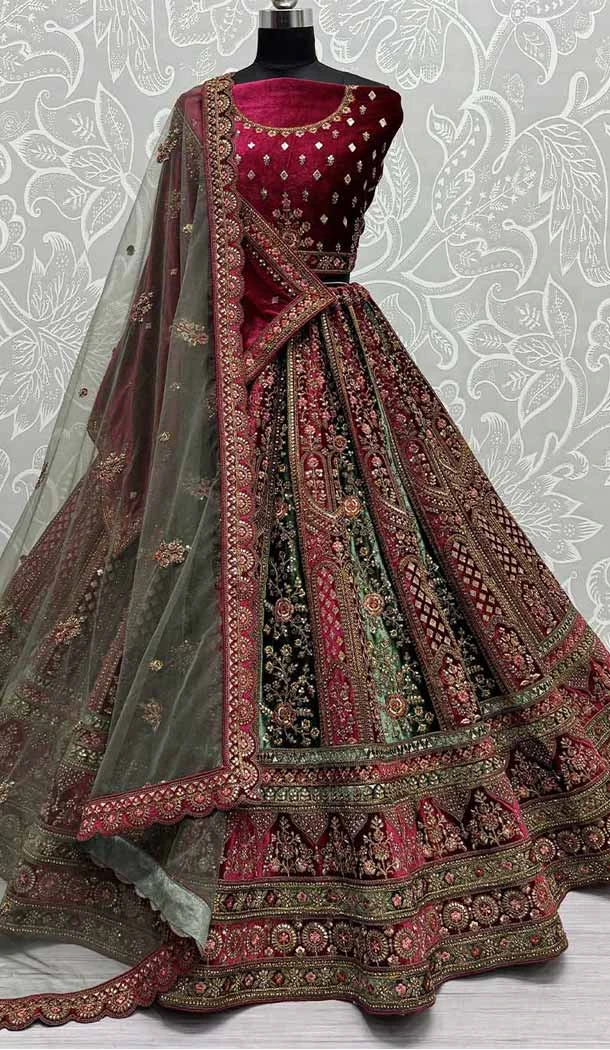 Velvet Embroidery Work Wedding Wear Lehenga Choli In Multi Color - 143758321