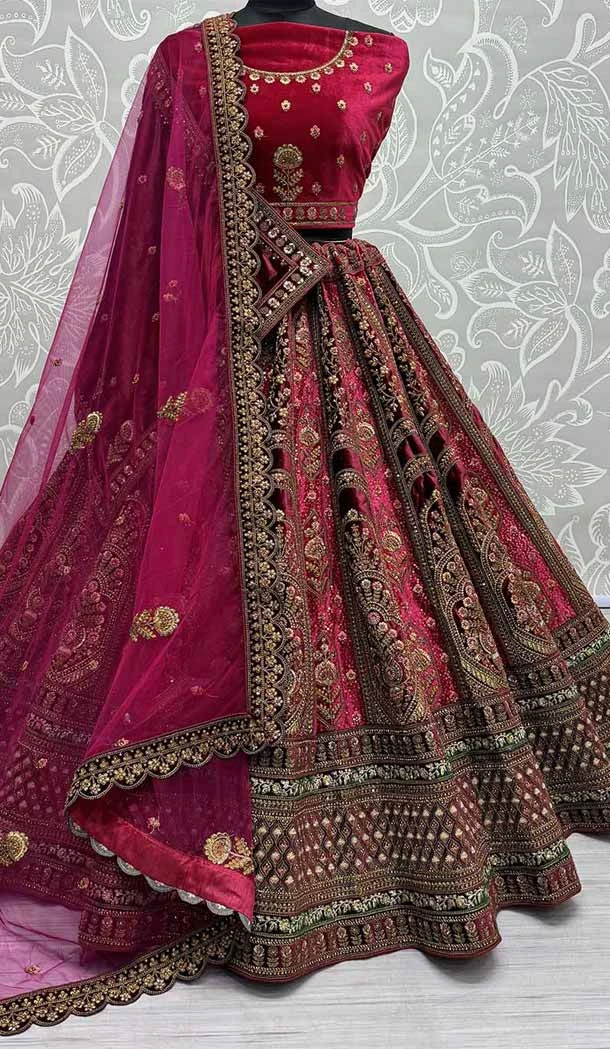 Velvet Embroidery Work Wedding Wear Lehenga Choli In Pink - 143758323