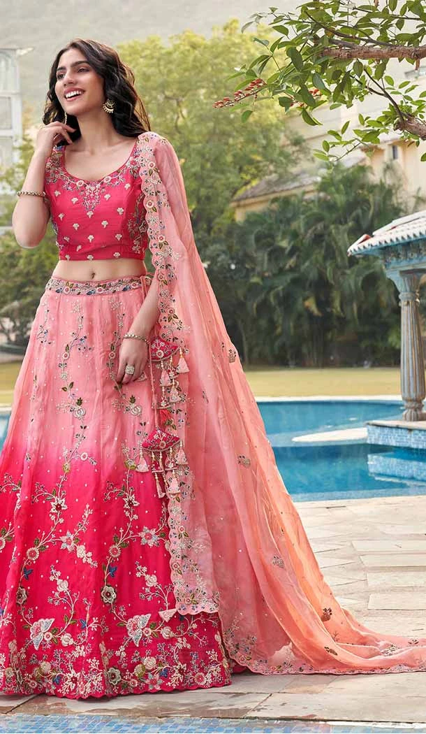 Organza Thread Embroidery Work Sangeet Wear Lehenga Choli In Pink - 144228617