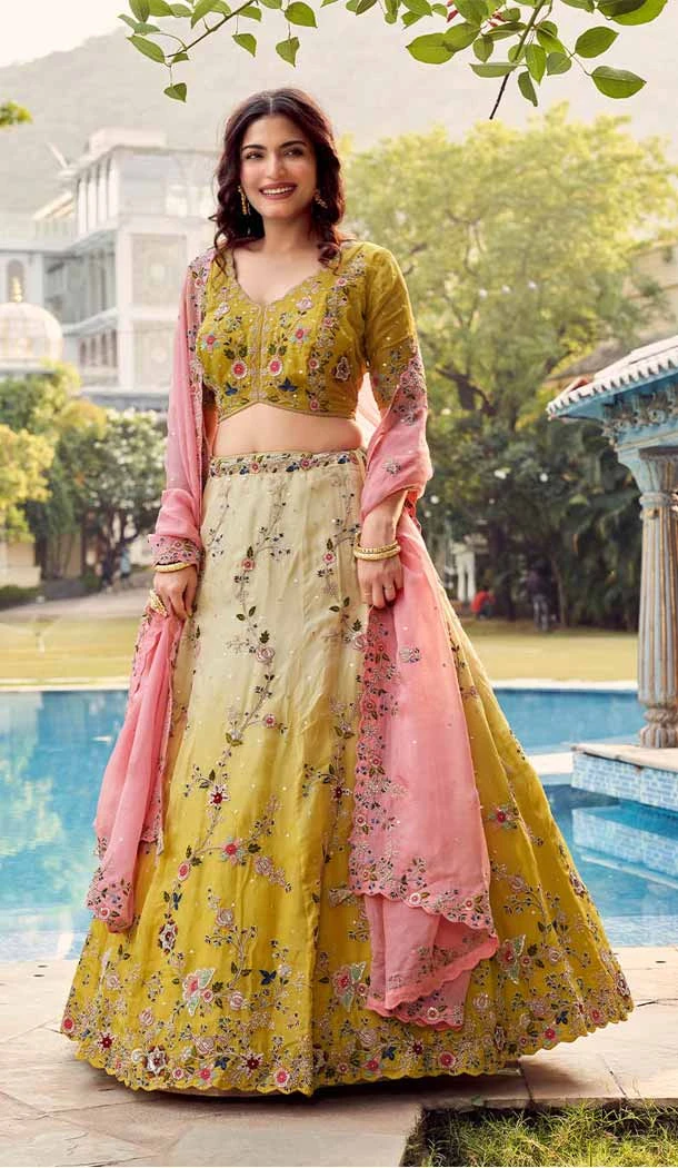Organza Thread Embroidery Work Sangeet Wear Lehenga Choli In Yellow - 144228618