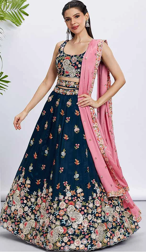 Navy Blue Organza Embroidered Designer Wear Lehenga Choli - 144468776