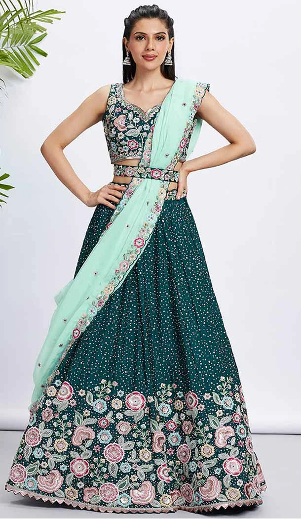 Green Chiffon Embroidered Designer Wear Lehenga Choli - 144468780