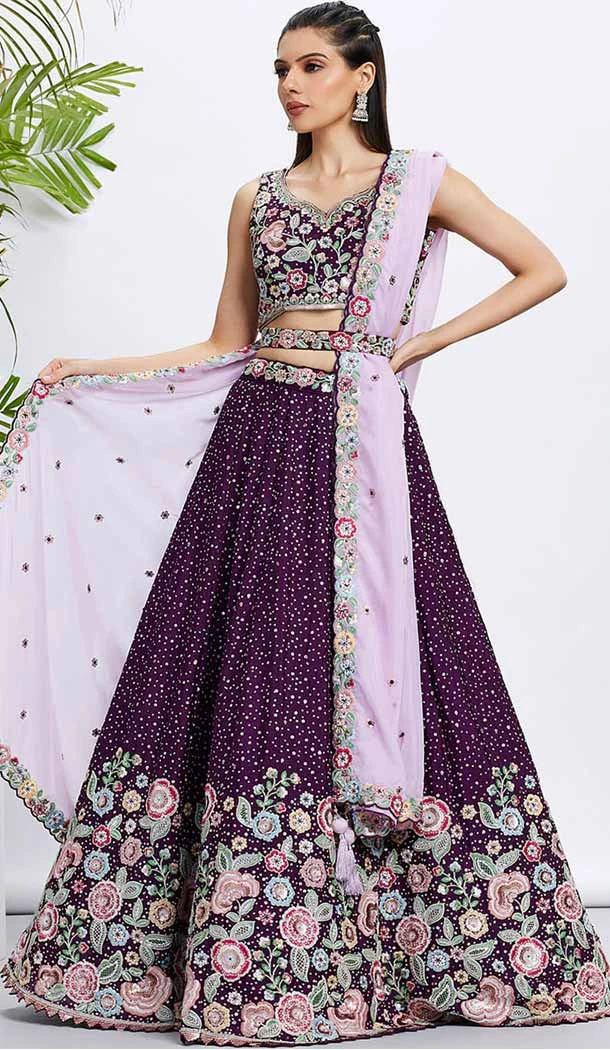 Purple Chiffon Embroidered Designer Wear Lehenga Choli - 144468782