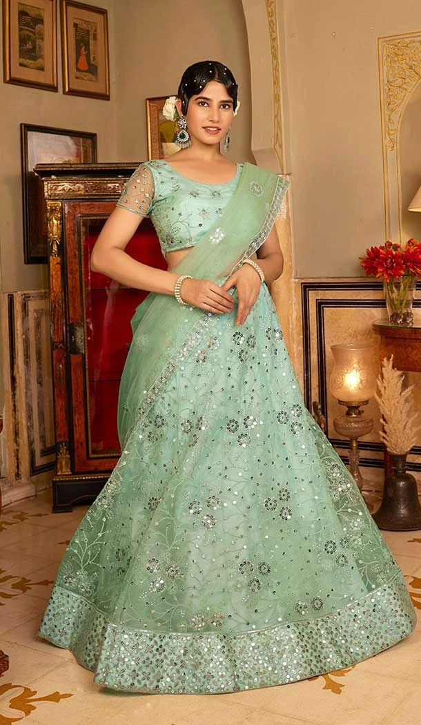 Georgette Embroidery Work Party Wear Lehenga Choli In Pista Green - 9367186878