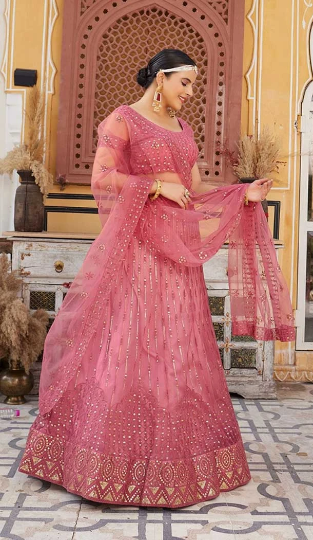 Georgette Embroidery Work Party Wear Lehenga Choli In Rose Pink - 9367186879