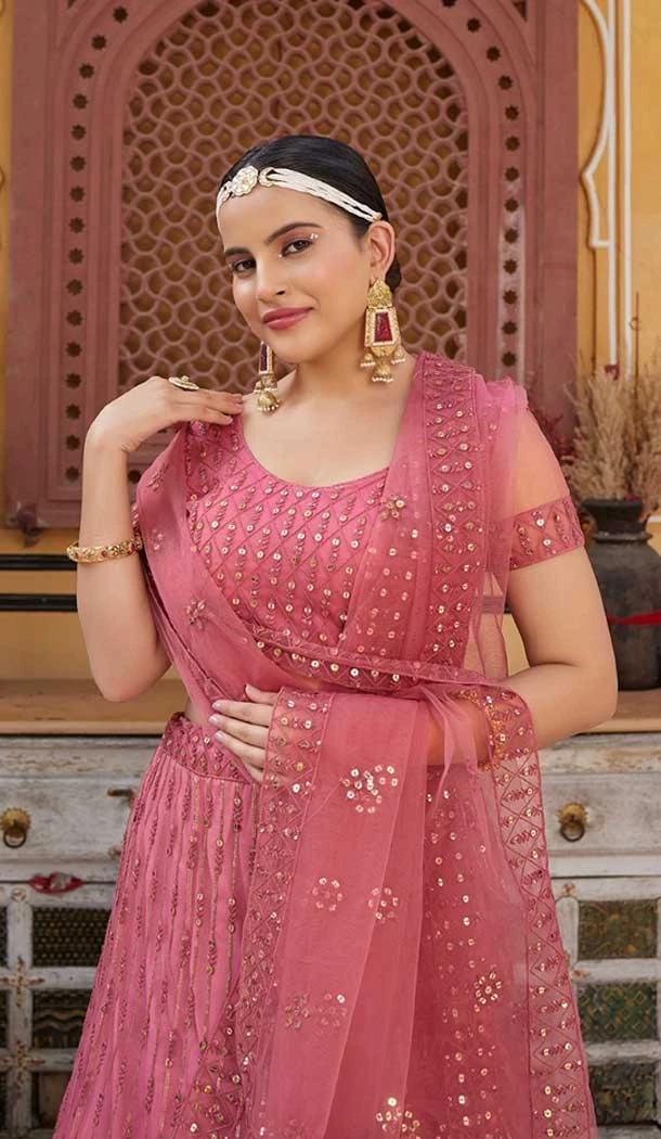 Georgette Embroidery Work Party Wear Lehenga Choli In Rose Pink - 9367186879