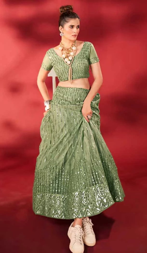 Georgette Embroidery Work Party Wear Lehenga Choli In Sea Green - 9367186880
