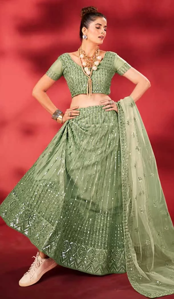Georgette Embroidery Work Party Wear Lehenga Choli In Sea Green - 9367186880