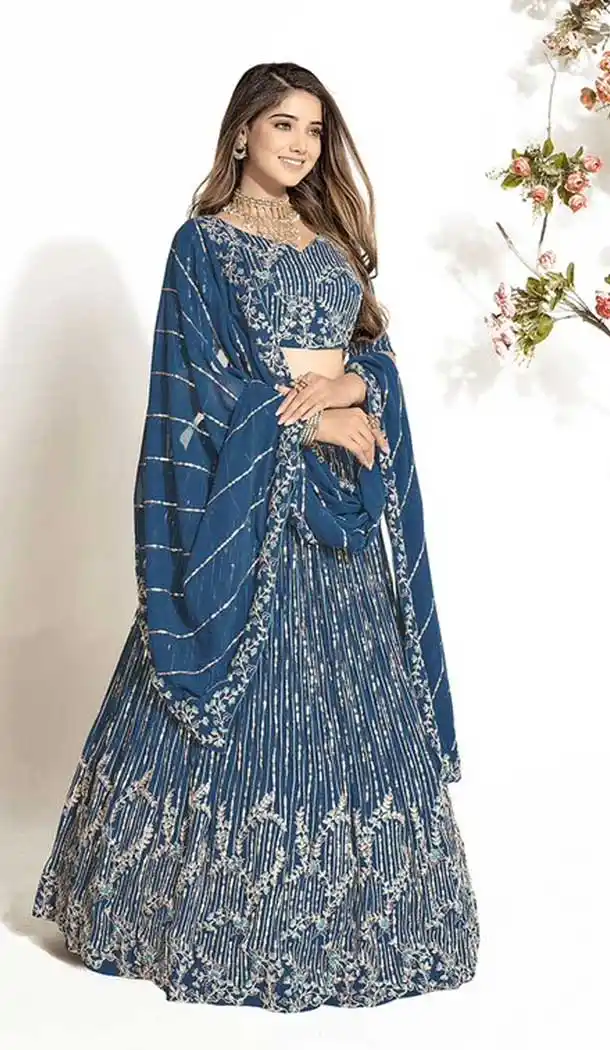 Indigo Blue Georgette Embroidery Work Traditional Lehenga Choli - 9368186881
