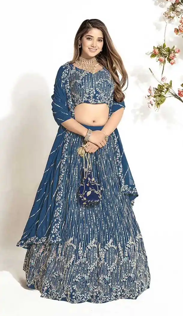 Indigo Blue Georgette Embroidery Work Traditional Lehenga Choli - 9368186881