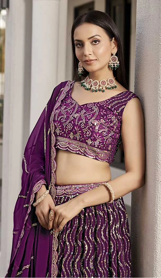 Wine Georgette Embroidery Work Traditional Lehenga Choli - 9368186886