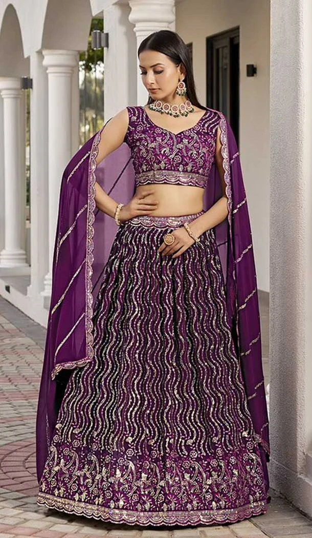 Wine Georgette Embroidery Work Traditional Lehenga Choli - 9368186886