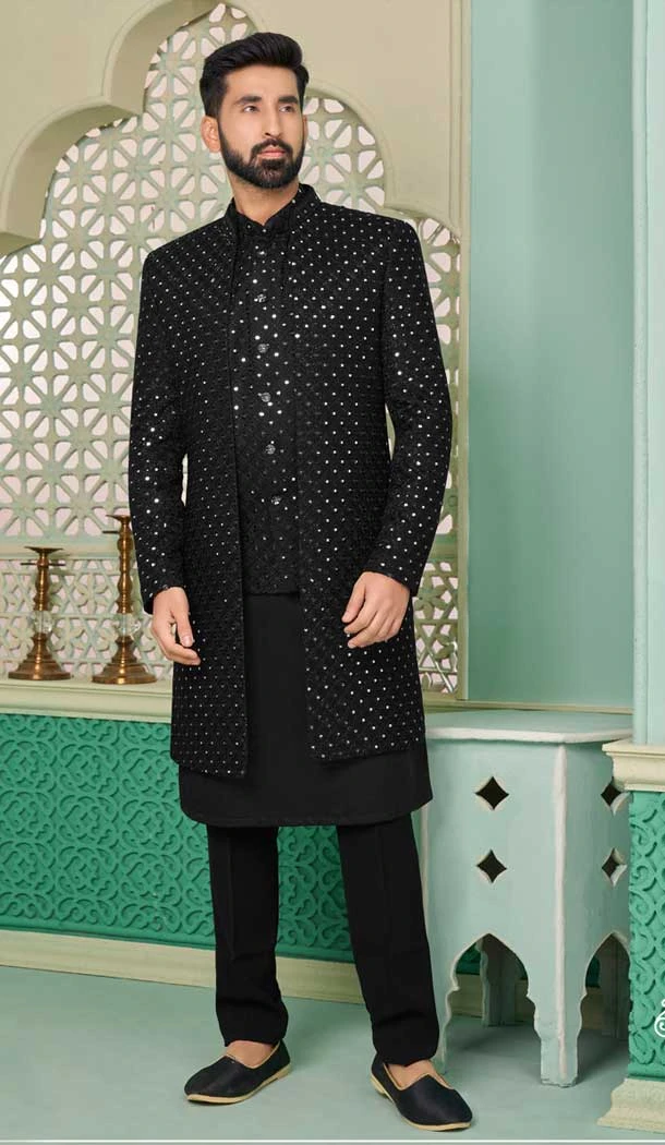 Black Velvet Embroidered Function Wear Readymade Men's Indo Western - 9376186931
