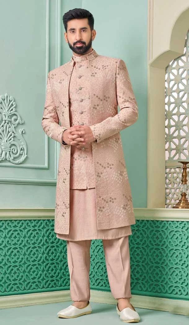 Light Onion Banarasi Silk Embroidered Function Wear Men's Indo Western - 9376186932