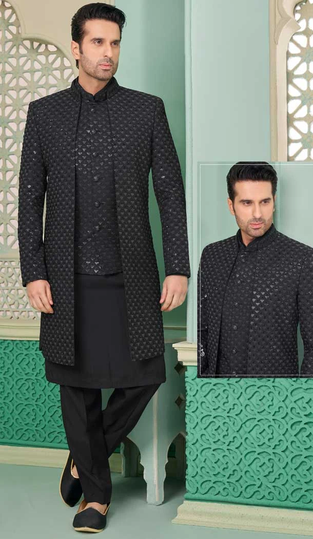 Black Banarasi Silk Embroidered Function Wear Men's Indo Western - 9376186933